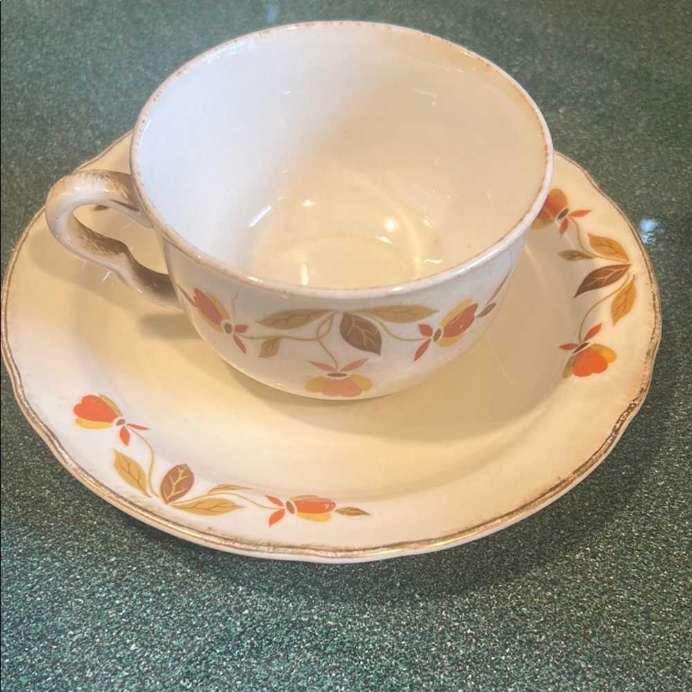 Floral Cream and Orange Teacup and Saucer Set